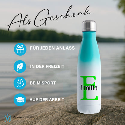 Thermoflasche 500ml aus Edelstahl in Weiß/Mint personalisierbar mit Wunschname auslaufsichere Trinkflasche
