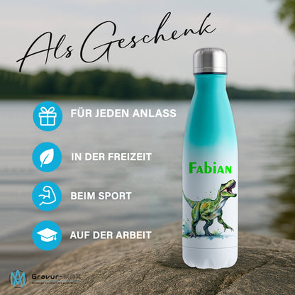 Thermoflasche 500ml in Weiß/Mint bedruckt mit tollen Motiven für Kinder "Dino T-Rex" personalisierbar mit Wunschname