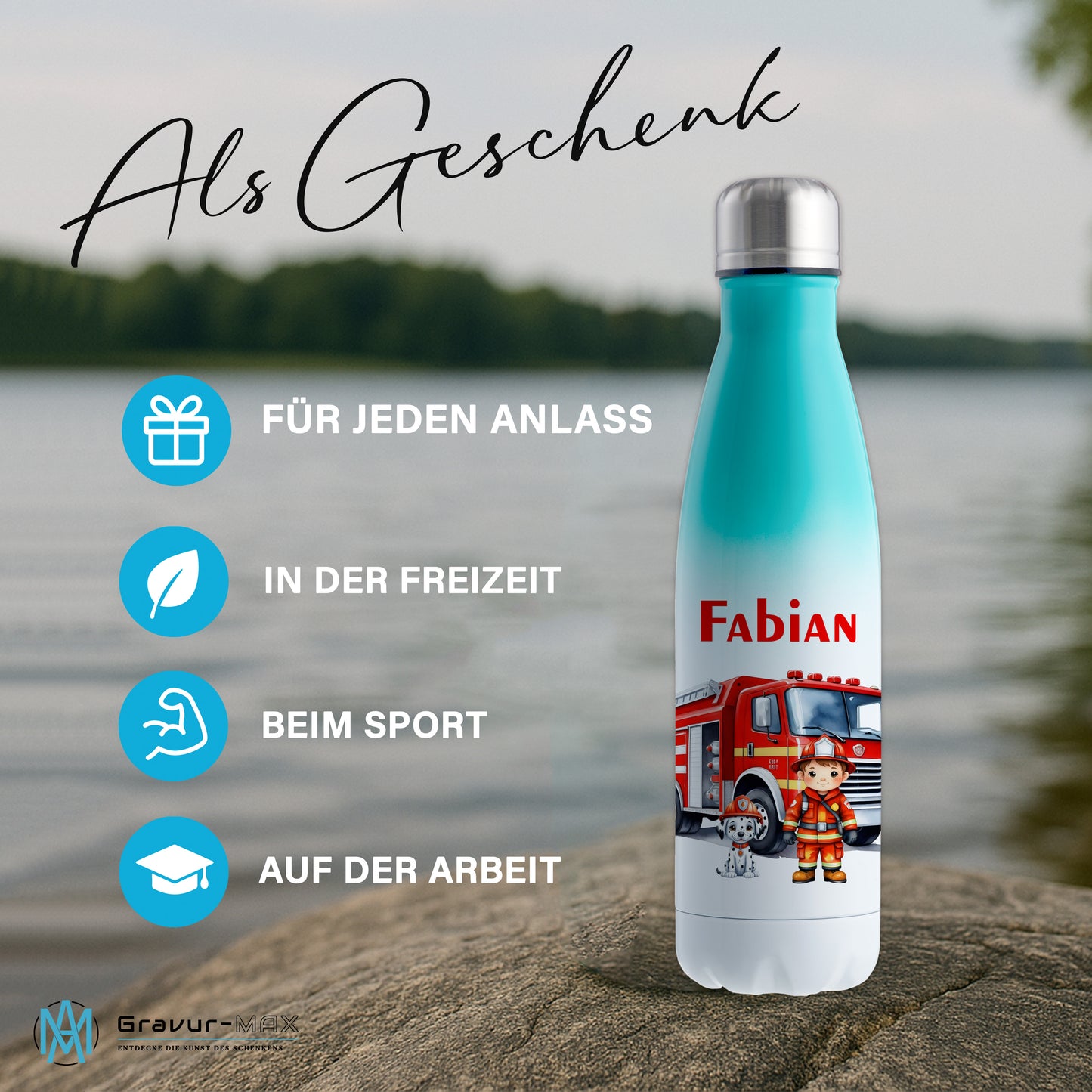 Thermoflasche 500ml in Weiß/Mint bedruckt mit tollen Motiven für Kinder "Feuerwehr" personalisierbar mit Wunschname
