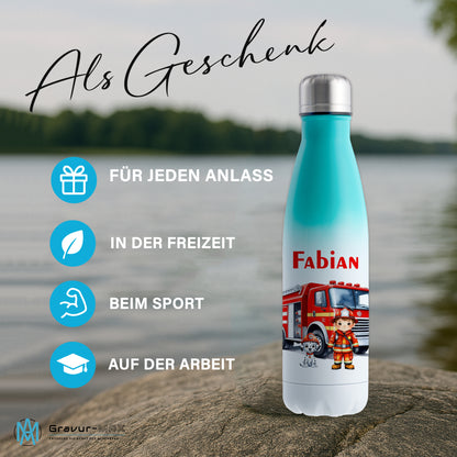 Thermoflasche 500ml in Weiß/Mint bedruckt mit tollen Motiven für Kinder "Feuerwehr" personalisierbar mit Wunschname