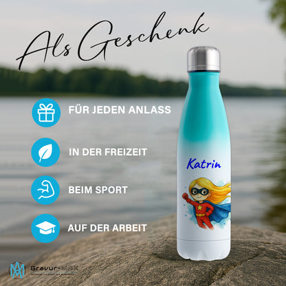 Thermoflasche 500ml in Weiß/Mint bedruckt mit tollen Motiven für Kinder "Superheldin" personalisierbar mit Wunschname