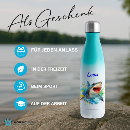 Thermoflasche 500ml in Weiß/Mint bedruckt mit tollen Motiven für Kinder "Hai" personalisierbar mit Wunschname