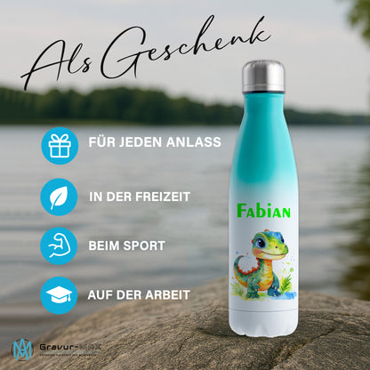 Thermoflasche 500ml in Weiß/Mint bedruckt mit tollen Motiven für Kinder "Dino Kinder" personalisierbar mit Wunschname