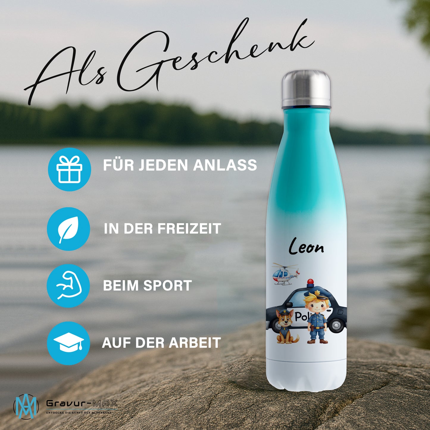 Thermoflasche 500ml in Weiß/Mint bedruckt mit tollen Motiven für Kinder "Polizei" personalisierbar mit Wunschname