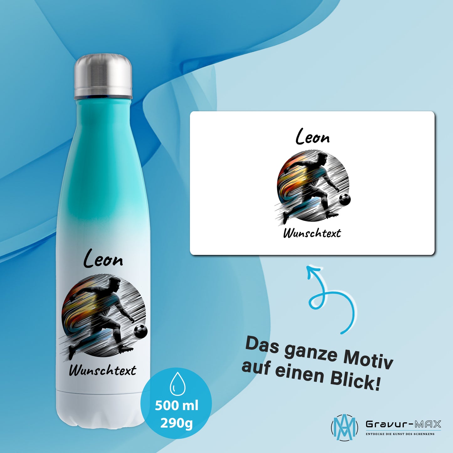 Thermoflasche 500ml in Weiß/Mint aus Edelstahl bedruckt "Fußball" Motiv2 personalisierbar mit Wunschname & Text