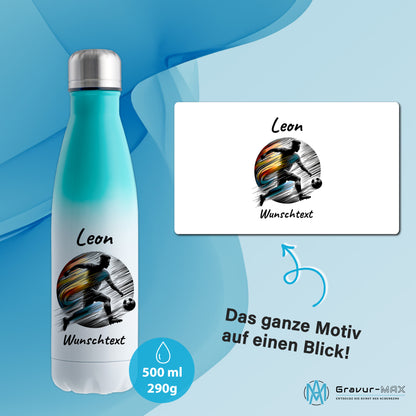 Thermoflasche 500ml in Weiß/Mint aus Edelstahl bedruckt "Fußball" Motiv2 personalisierbar mit Wunschname & Text