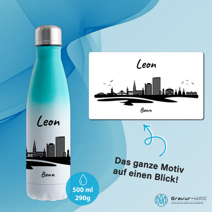 Trinkflasche in Weiß/Mint 500ml aus Edelstahl bedruckt mit der Skyline von Bonn personalisierbar mit Wunschname