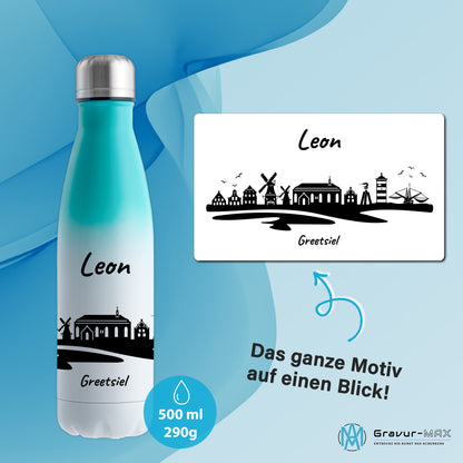 Trinkflasche in Weiß/Mint 500ml aus Edelstahl bedruckt mit der Skyline von Greetsiel personalisierbar mit Wunschname