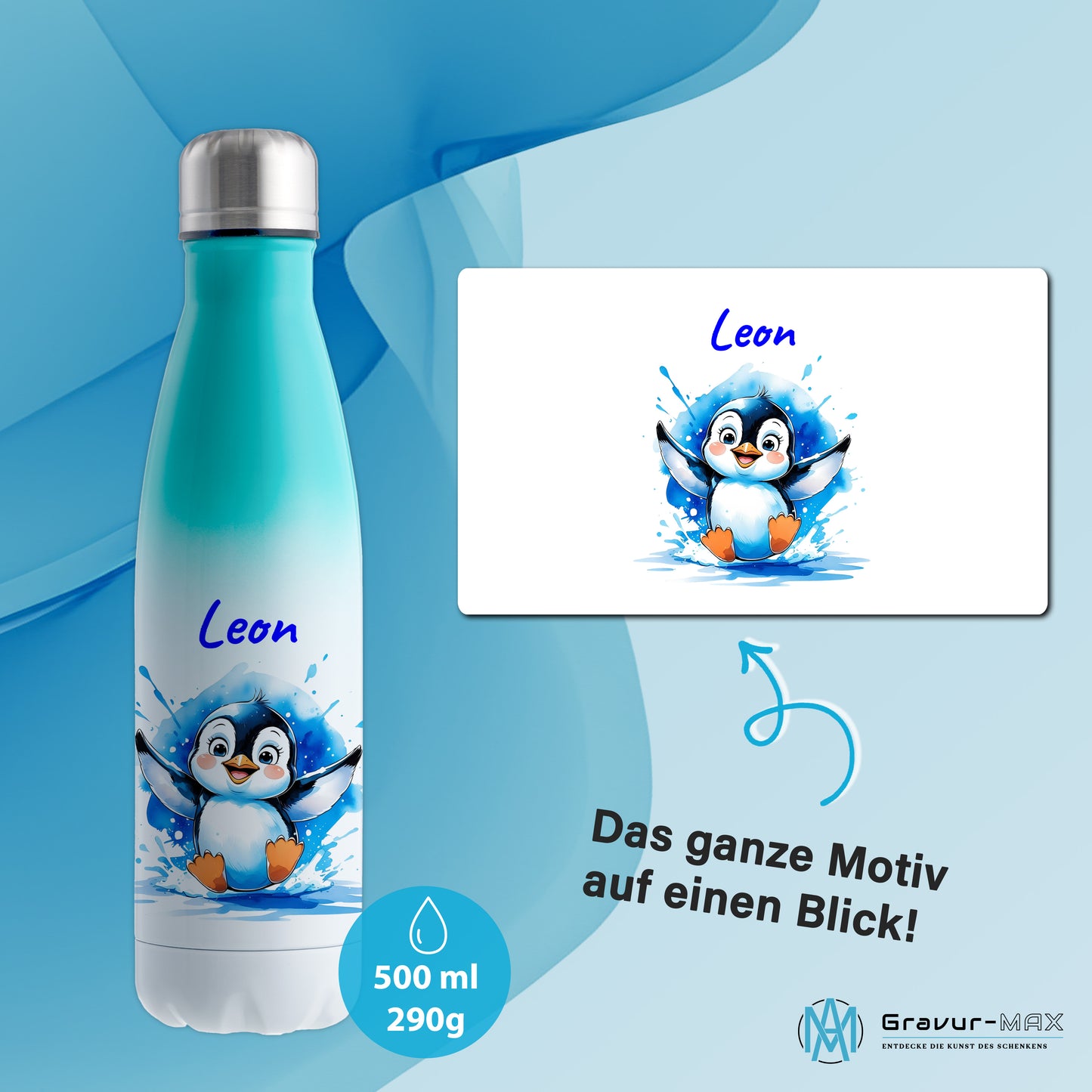 Trinkflasche in Weiß/Mint 500ml aus Edelstahl bedruckt mit niedlichen Tieren "Pinguin" personalisierbar für Kinder mit Wunschname