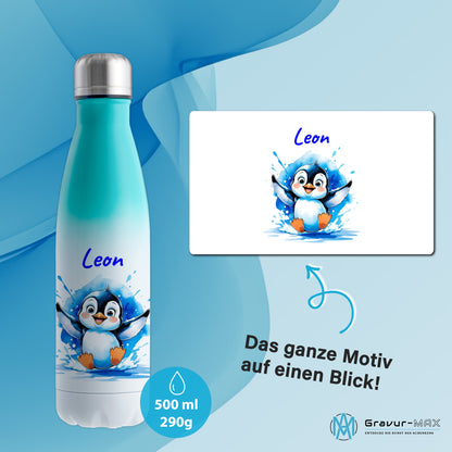 Trinkflasche in Weiß/Mint 500ml aus Edelstahl bedruckt mit niedlichen Tieren "Pinguin" personalisierbar für Kinder mit Wunschname