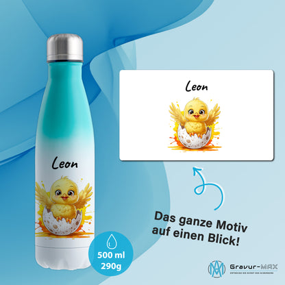 Trinkflasche in Weiß/Mint 500ml aus Edelstahl bedruckt mit niedlichen Tieren "Küken" personalisierbar für Kinder mit Wunschname