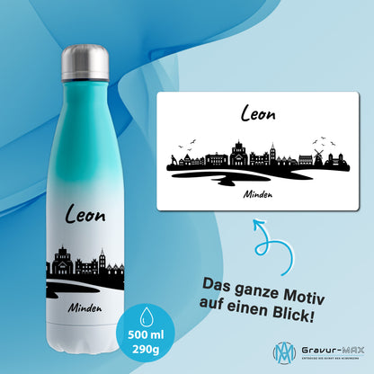 Trinkflasche in Weiß/Mint 500ml aus Edelstahl bedruckt mit der Skyline von Minden personalisierbar mit Wunschname