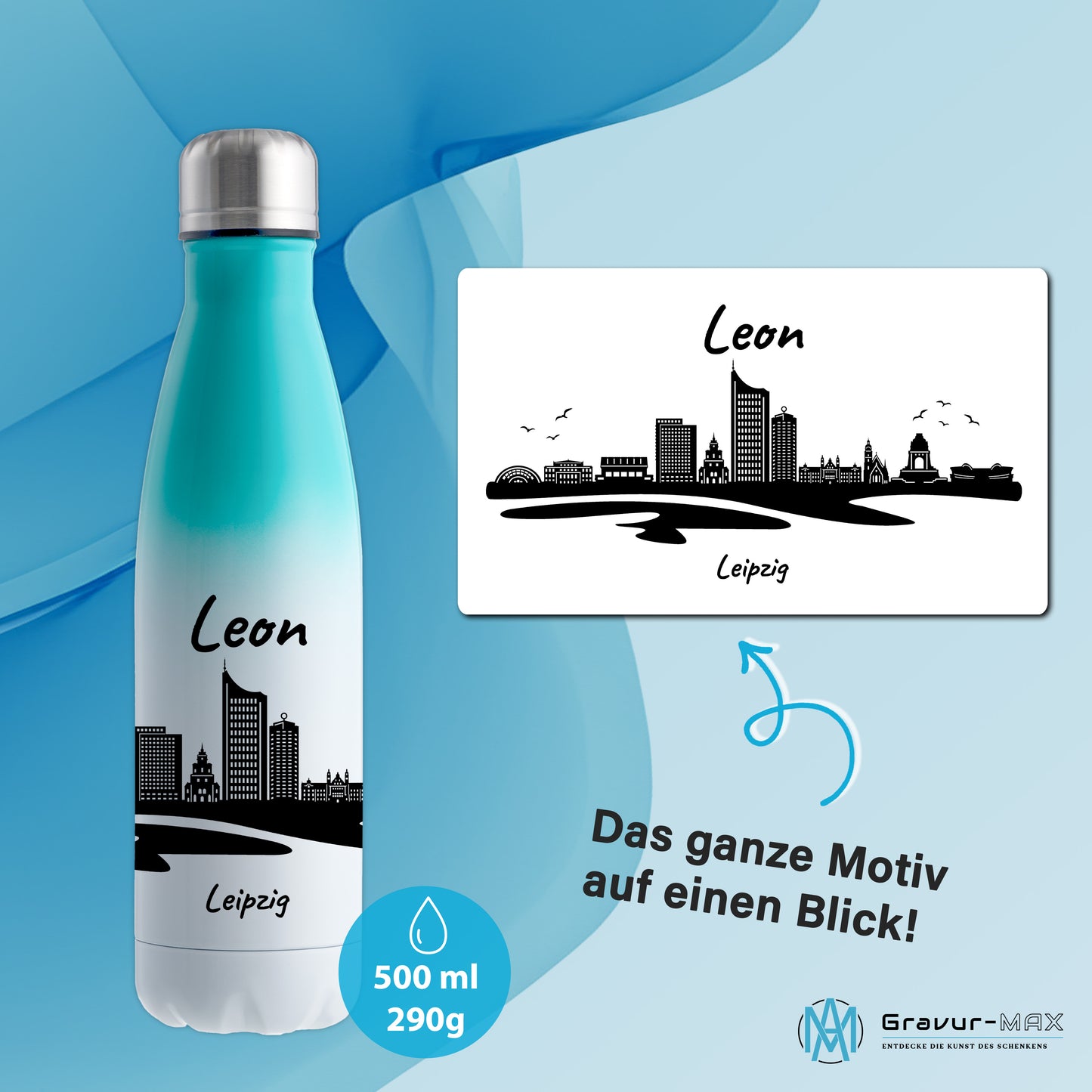 Trinkflasche in Weiß/Mint 500ml aus Edelstahl bedruckt mit der Skyline von Leipzig personalisierbar mit Wunschname