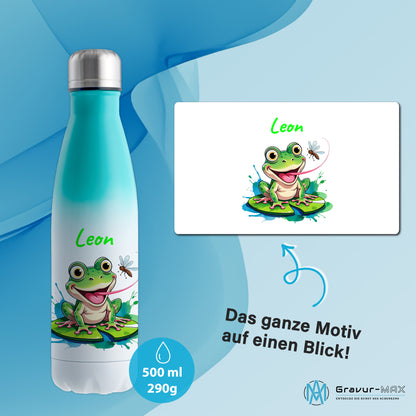 Trinkflasche in Weiß/Mint 500ml aus Edelstahl bedruckt mit niedlichen Tieren "Frosch" personalisierbar für Kinder mit Wunschname