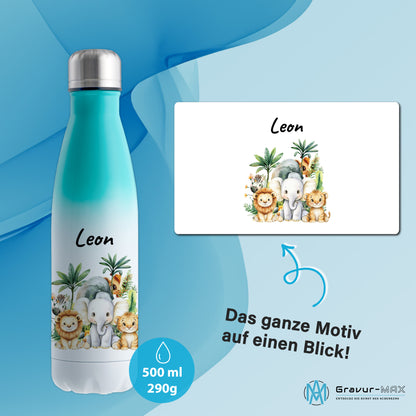 Trinkflasche mit Farbverlauf in Weiß/Mint 500ml aus Edelstahl bedruckt mit Dschungel Tieren"Dschungel Tiere" personalisierbar für Kinder mit Wunschname