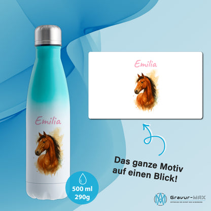 Thermoflasche 500ml in Weiß/Mint bedruckt mit tollen Motiven für Kinder "Pferd" personalisierbar mit Wunschname