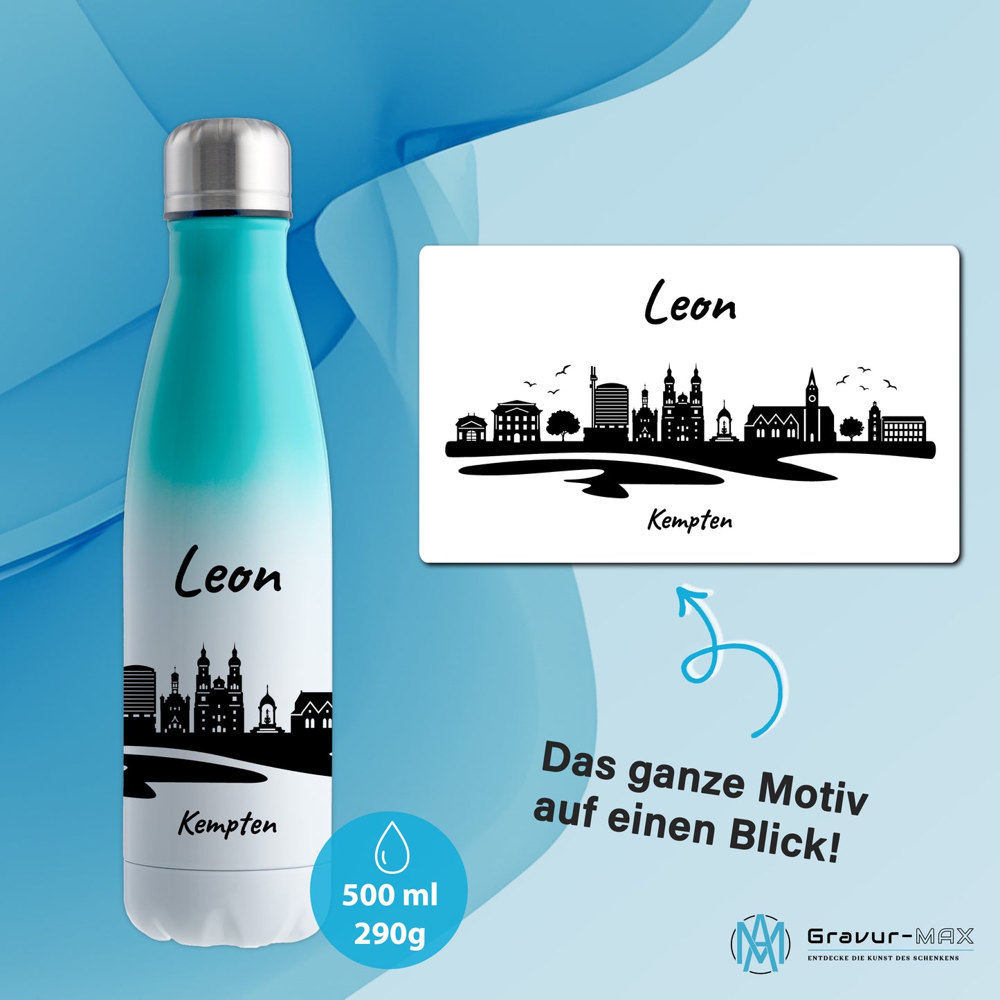 Trinkflasche in Weiß/Mint 500ml aus Edelstahl bedruckt mit der Skyline von Kempten personalisierbar mit Wunschname