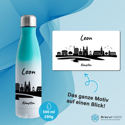 Trinkflasche in Weiß/Mint 500ml aus Edelstahl bedruckt mit der Skyline von Kempten personalisierbar mit Wunschname
