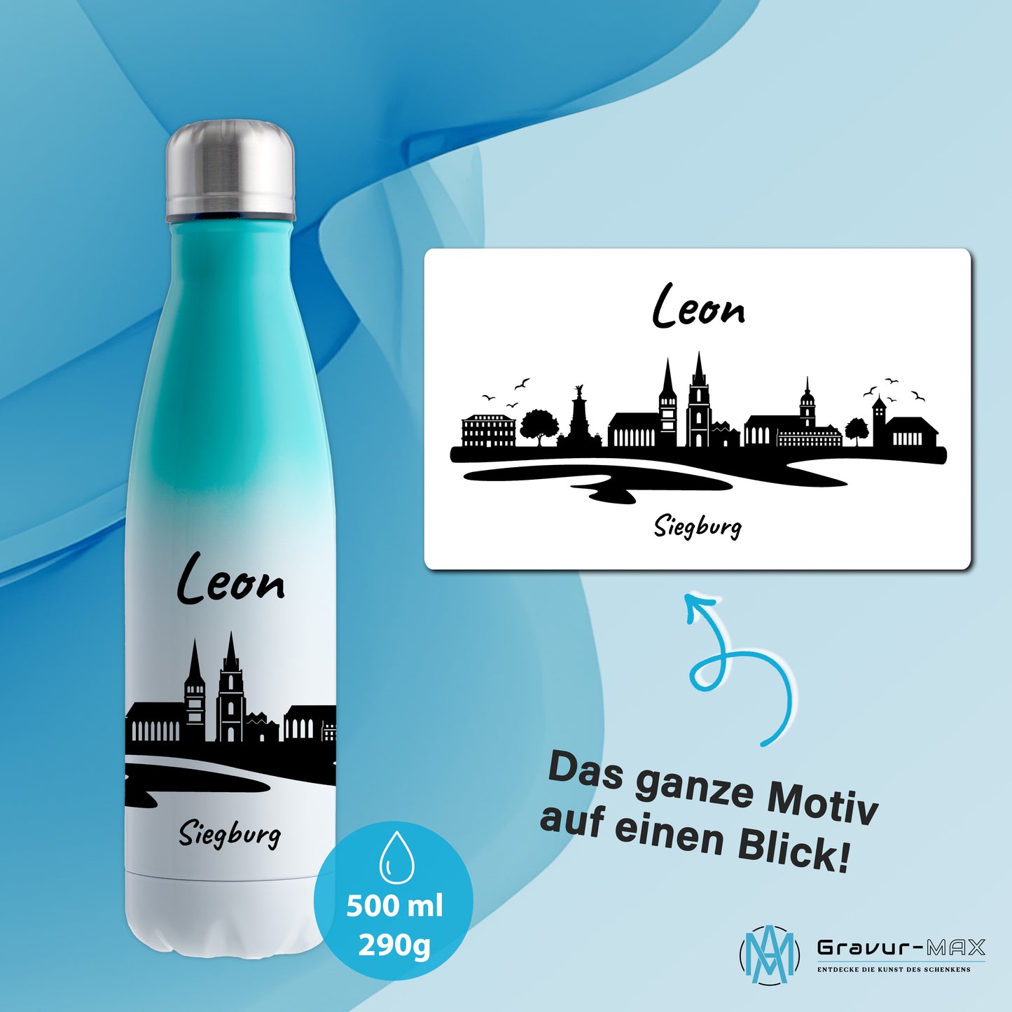 Trinkflasche in Weiß/Mint 500ml aus Edelstahl bedruckt mit der Skyline von Siegburg personalisierbar mit Wunschname