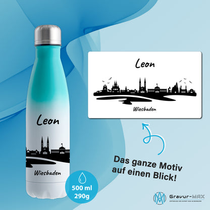 Trinkflasche in Weiß/Mint 500ml aus Edelstahl bedruckt mit der Skyline von Wiesbaden personalisierbar mit Wunschname