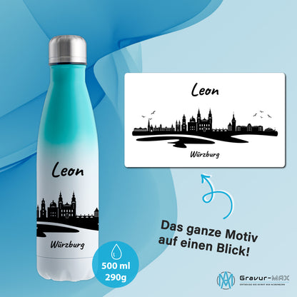 Trinkflasche in Weiß/Mint 500ml aus Edelstahl bedruckt mit der Skyline von Würzburg personalisierbar mit Wunschname