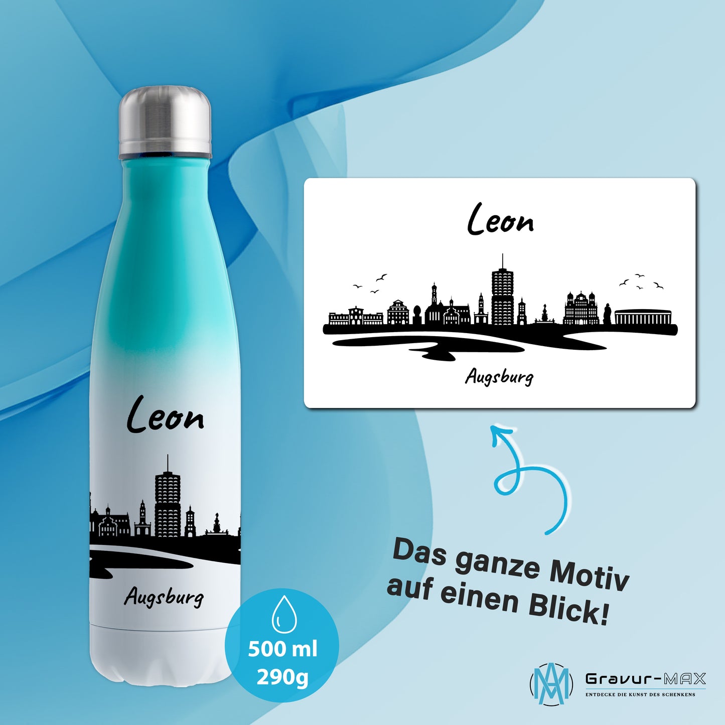 Trinkflasche in Weiß/Mint 500ml aus Edelstahl bedruckt mit der Skyline von Augsburg personalisierbar mit Wunschname