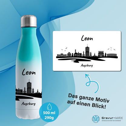 Trinkflasche in Weiß/Mint 500ml aus Edelstahl bedruckt mit der Skyline von Augsburg personalisierbar mit Wunschname
