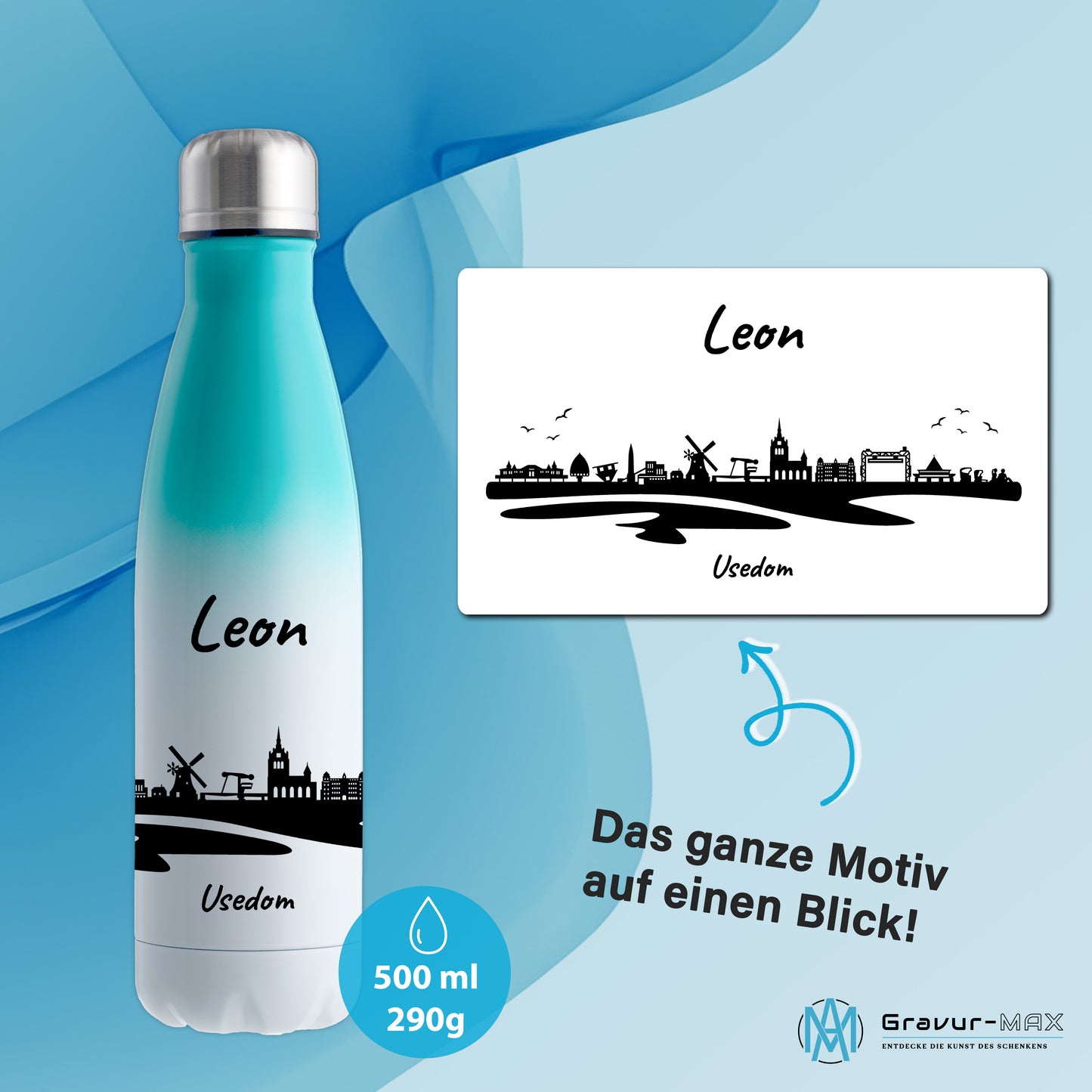 Trinkflasche in Weiß/Mint 500ml aus Edelstahl bedruckt mit der Skyline von Usedom personalisierbar mit Wunschname