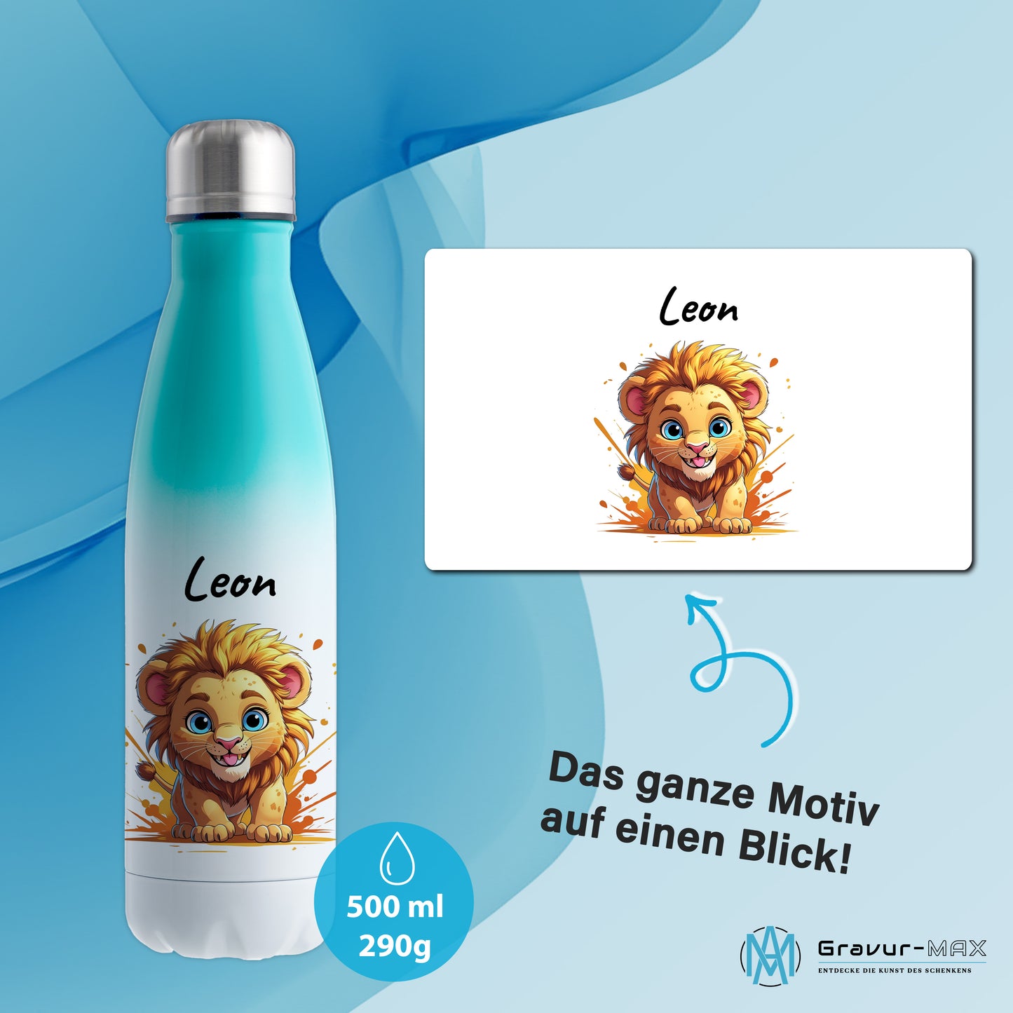 Trinkflasche in Weiß/Mint 500ml aus Edelstahl bedruckt mit niedlichen Tieren "Löwe" personalisierbar für Kinder mit Wunschname