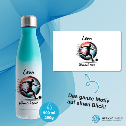 Thermoflasche 500ml in Weiß/Mint aus Edelstahl bedruckt "Fußball" Motiv3 personalisierbar mit Wunschname & Text