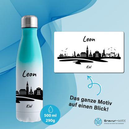 Trinkflasche in Weiß/Mint 500ml aus Edelstahl bedruckt mit der Skyline von Kiel personalisierbar mit Wunschname