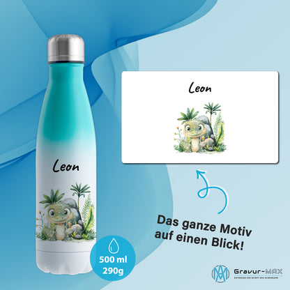 Trinkflasche mit Farbverlauf in Weiß/Mint 500ml aus Edelstahl bedruckt mit Dschungel Tieren"Krokodil" personalisierbar für Kinder mit Wunschname