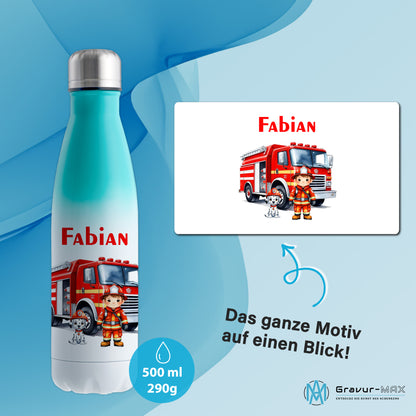 Thermoflasche 500ml in Weiß/Mint bedruckt mit tollen Motiven für Kinder "Feuerwehr" personalisierbar mit Wunschname