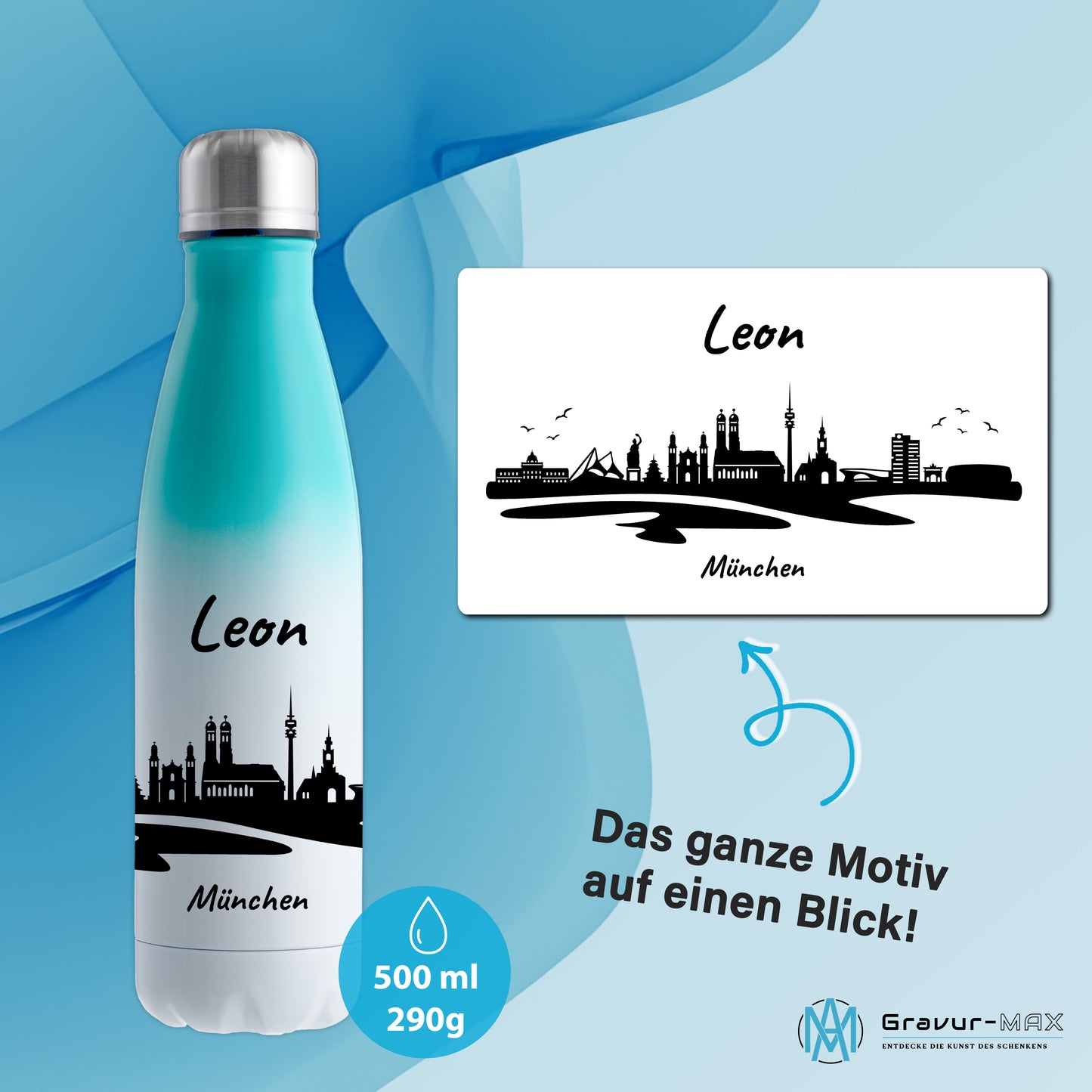 Trinkflasche in Weiß/Mint 500ml aus Edelstahl bedruckt mit der Skyline von München personalisierbar mit Wunschname