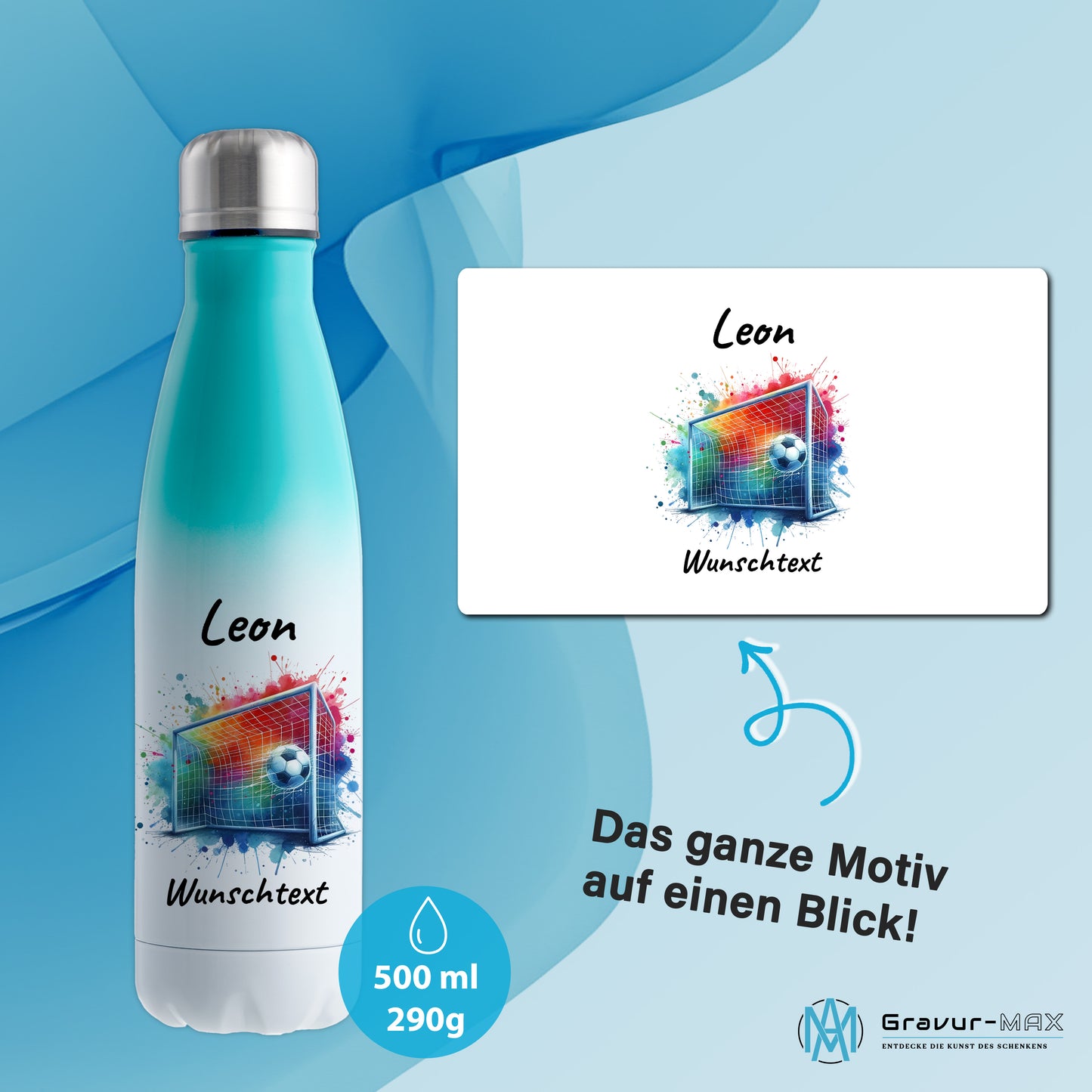 Thermoflasche 500ml in Weiß/Mint aus Edelstahl bedruckt "Fußball" Motiv5 personalisierbar mit Wunschname & Text