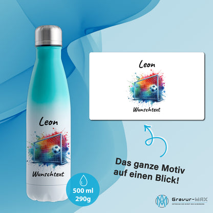 Thermoflasche 500ml in Weiß/Mint aus Edelstahl bedruckt "Fußball" Motiv5 personalisierbar mit Wunschname & Text