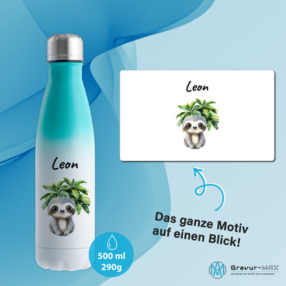 Trinkflasche mit Farbverlauf in Weiß/Mint 500ml aus Edelstahl bedruckt mit Dschungel Tieren"Faultier" personalisierbar für Kinder mit Wunschname