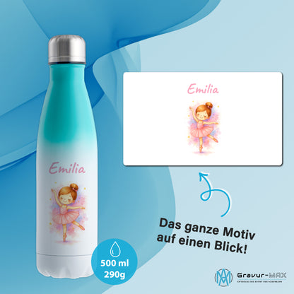 Thermoflasche 500ml in Weiß/Mint bedruckt mit tollen Motiven für Kinder "Ballerina" personalisierbar mit Wunschname