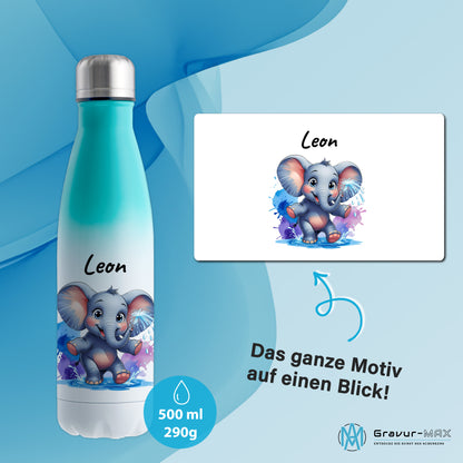 Trinkflasche in Weiß/Mint 500ml aus Edelstahl bedruckt mit niedlichen Tieren "Elefant" personalisierbar für Kinder mit Wunschname