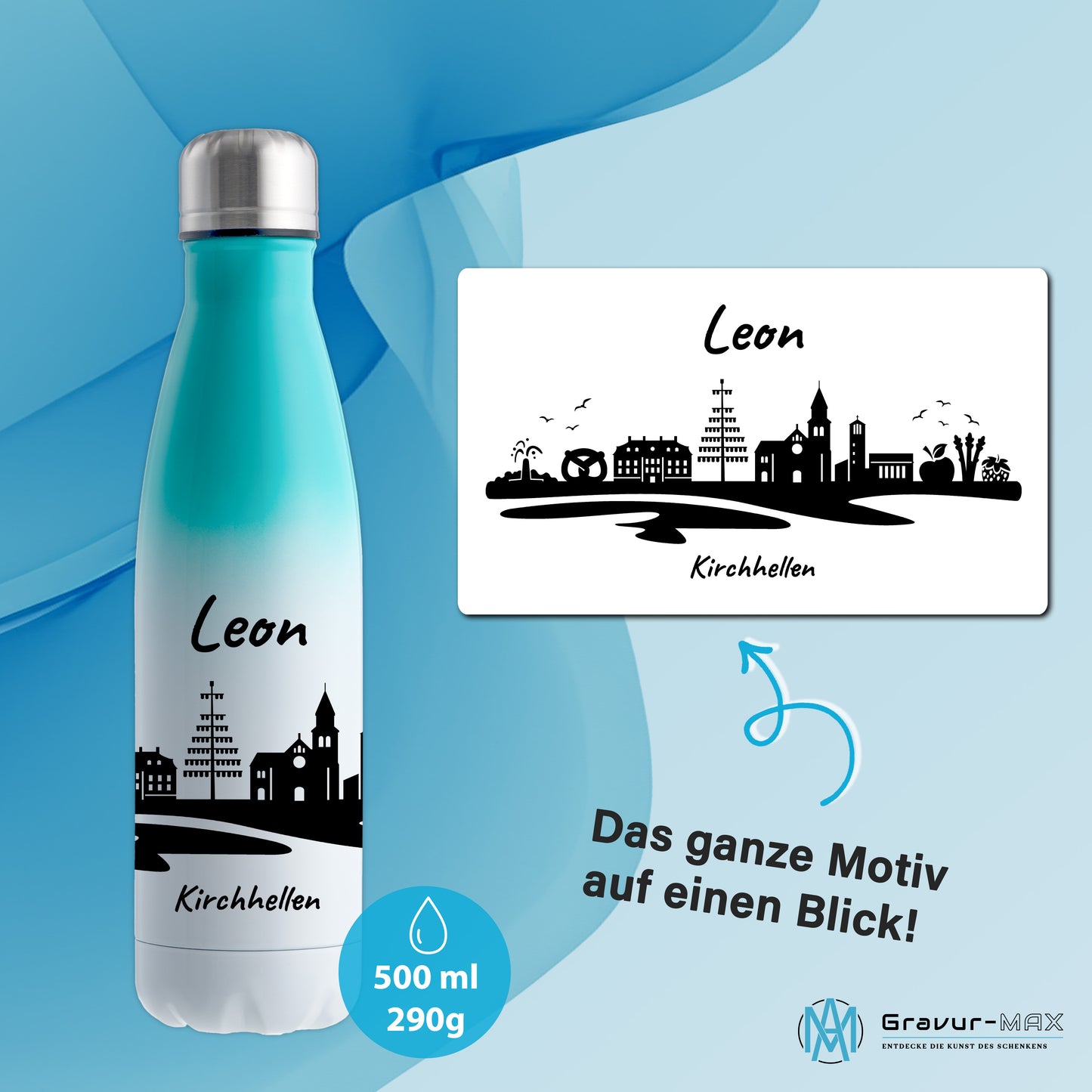 Trinkflasche in Weiß/Mint 500ml aus Edelstahl bedruckt mit der Skyline von Kirchhellen personalisierbar mit Wunschname