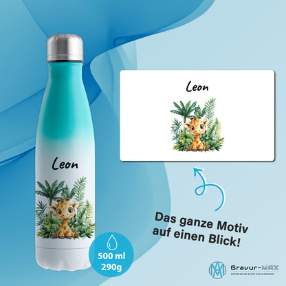 Trinkflasche mit Farbverlauf in Weiß/Mint 500ml aus Edelstahl bedruckt mit Dschungel Tieren"Giraffe" personalisierbar für Kinder mit Wunschname