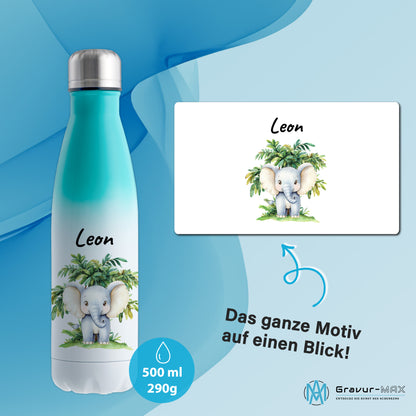Trinkflasche mit Farbverlauf in Weiß/Mint 500ml aus Edelstahl bedruckt mit Dschungel Tieren"Elefant" personalisierbar für Kinder mit Wunschname
