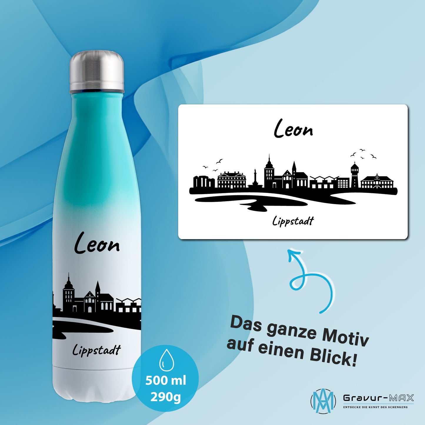 Trinkflasche in Weiß/Mint 500ml aus Edelstahl bedruckt mit der Skyline von Lippstadt personalisierbar mit Wunschname