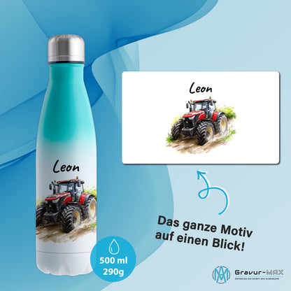 Thermoflasche 500ml in Weiß/Mint bedruckt mit tollen Motiven für Kinder "Traktor" personalisierbar mit Wunschname