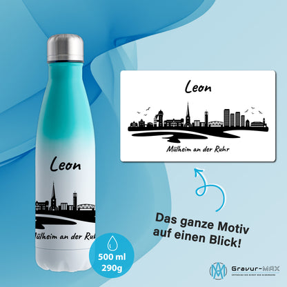 Trinkflasche in Weiß/Mint 500ml aus Edelstahl bedruckt mit der Skyline von Mülheim an der Ruhr personalisierbar mit Wunschname