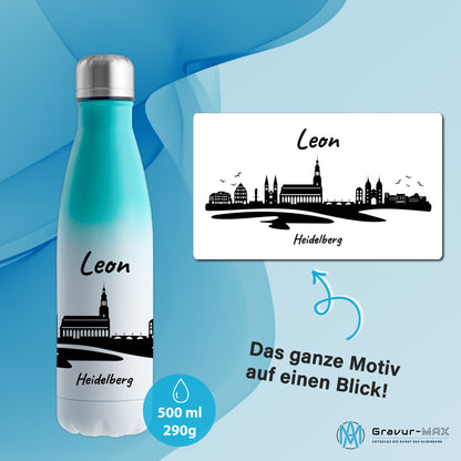Trinkflasche in Weiß/Mint 500ml aus Edelstahl bedruckt mit der Skyline von Heidelberg personalisierbar mit Wunschname