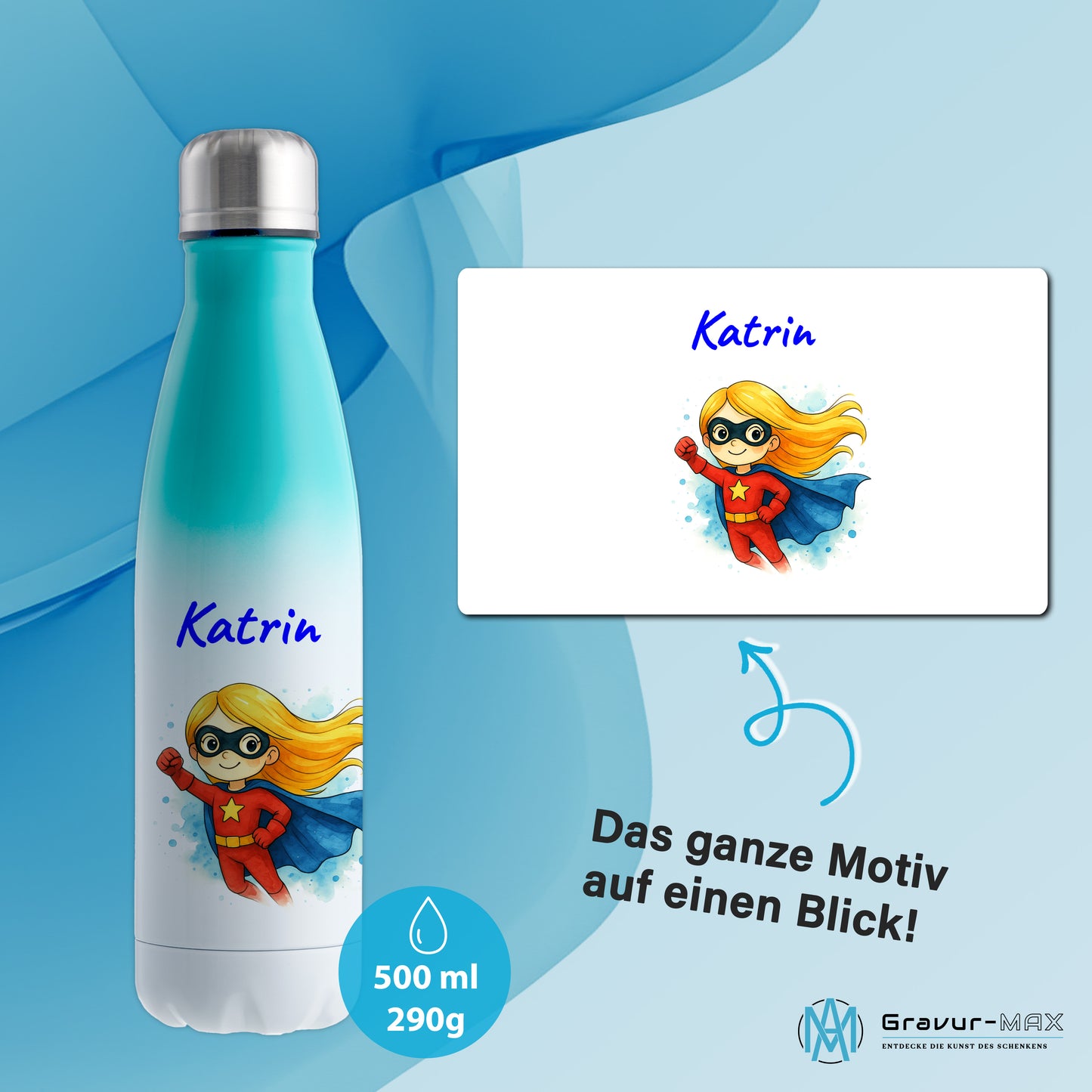 Thermoflasche 500ml in Weiß/Mint bedruckt mit tollen Motiven für Kinder "Superheldin" personalisierbar mit Wunschname