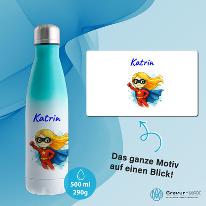 Thermoflasche 500ml in Weiß/Mint bedruckt mit tollen Motiven für Kinder "Superheldin" personalisierbar mit Wunschname