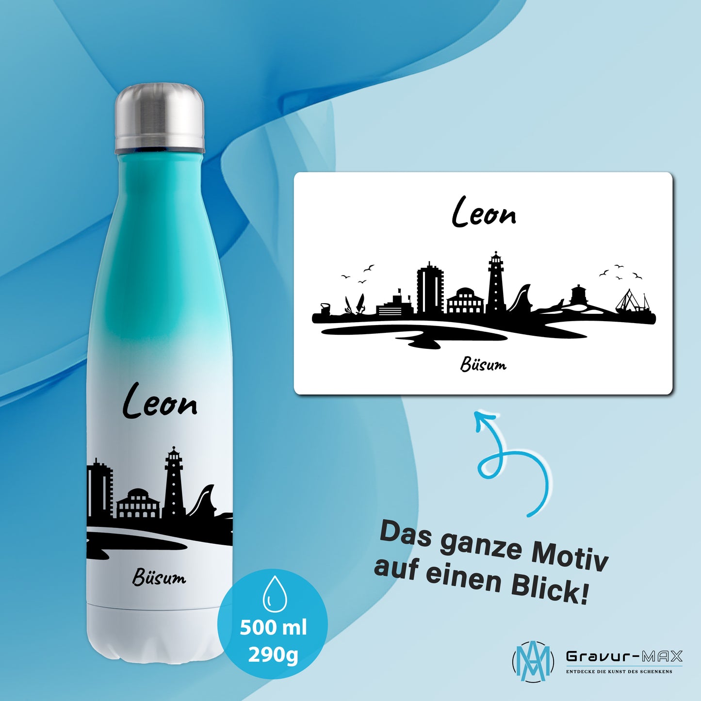 Trinkflasche in Weiß/Mint 500ml aus Edelstahl bedruckt mit der Skyline von Büsum personalisierbar mit Wunschname