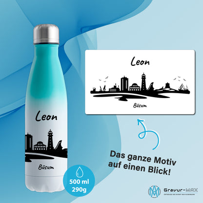 Trinkflasche in Weiß/Mint 500ml aus Edelstahl bedruckt mit der Skyline von Büsum personalisierbar mit Wunschname